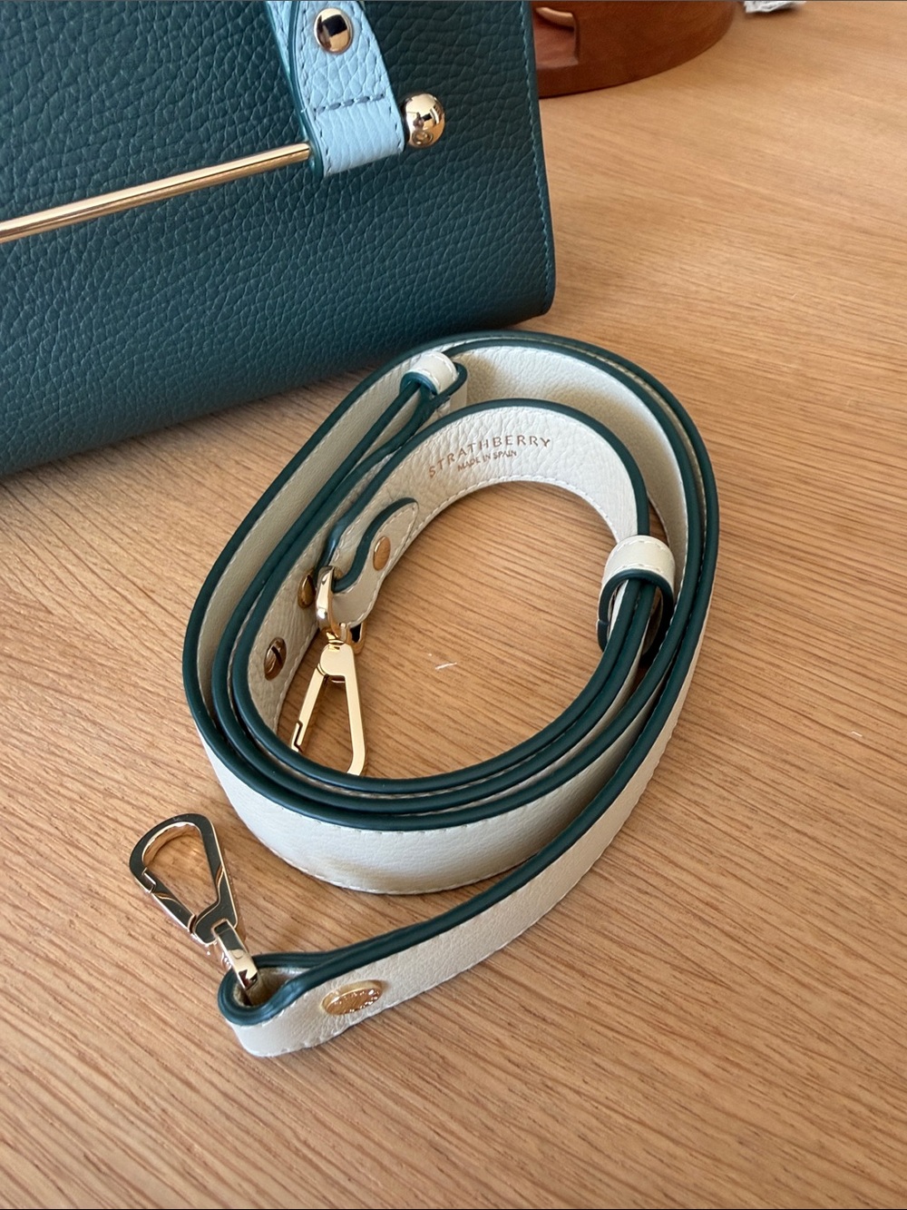 Strathberry Dark Green & Cream Midi Tote with Gold Bar - Picture 4 of 16